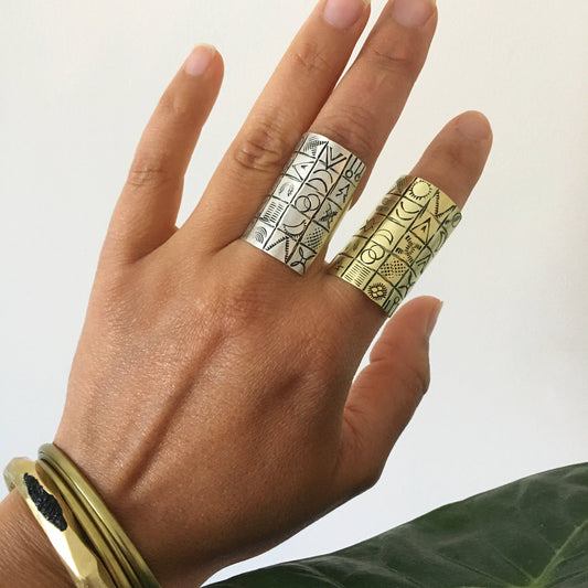 Lunasol • Hand stamped hieroglyphic brass ring • Sterling Silver