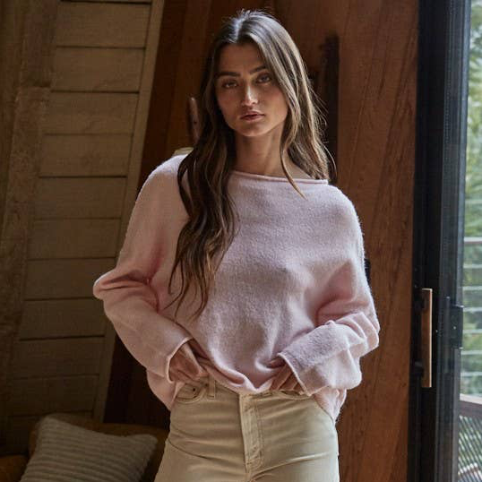 Oversized Knit Sweater Pullover Top • Soft Pink