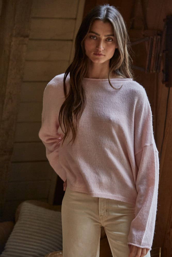 Oversized Knit Sweater Pullover Top • Soft Pink