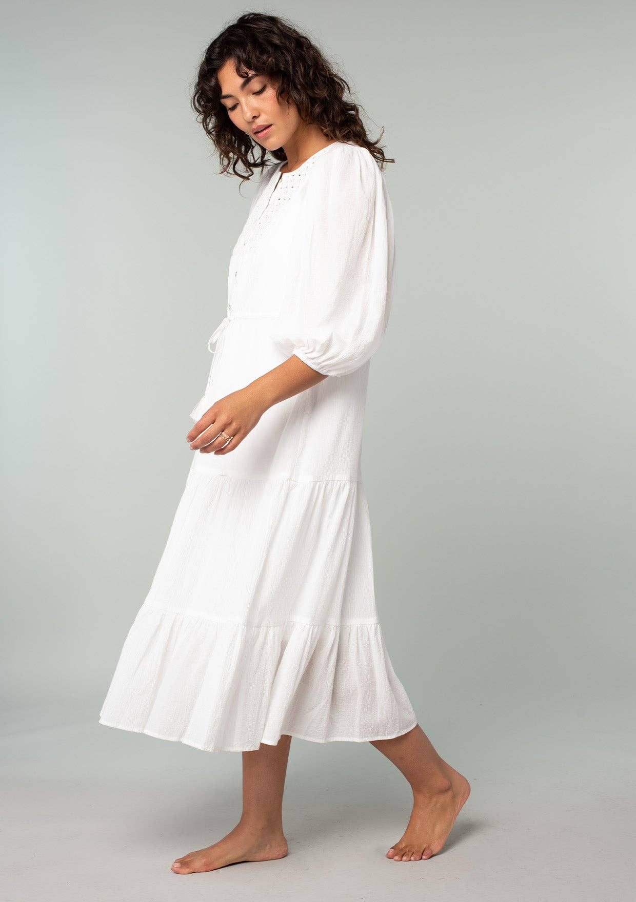 Boho Chic Cotton Gauze Balloon Sleeve Midi Dress: White / L