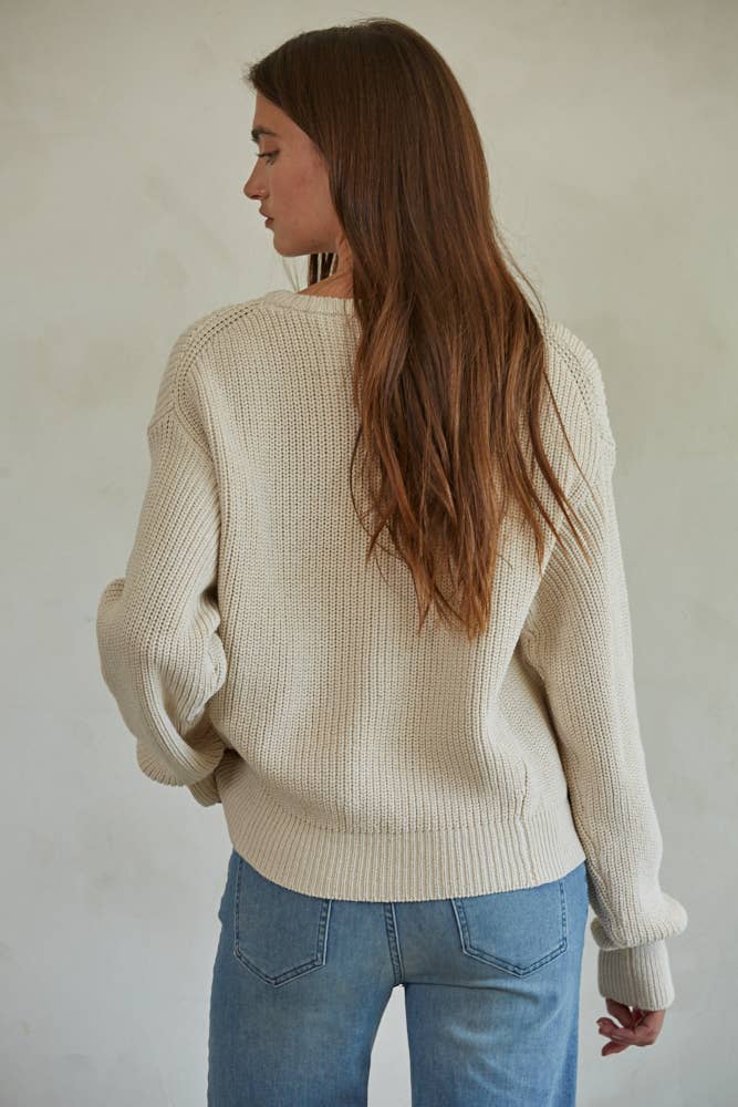 Knit Cotton Sweater Ribbed Long Sleeve Pullover Top • Natural