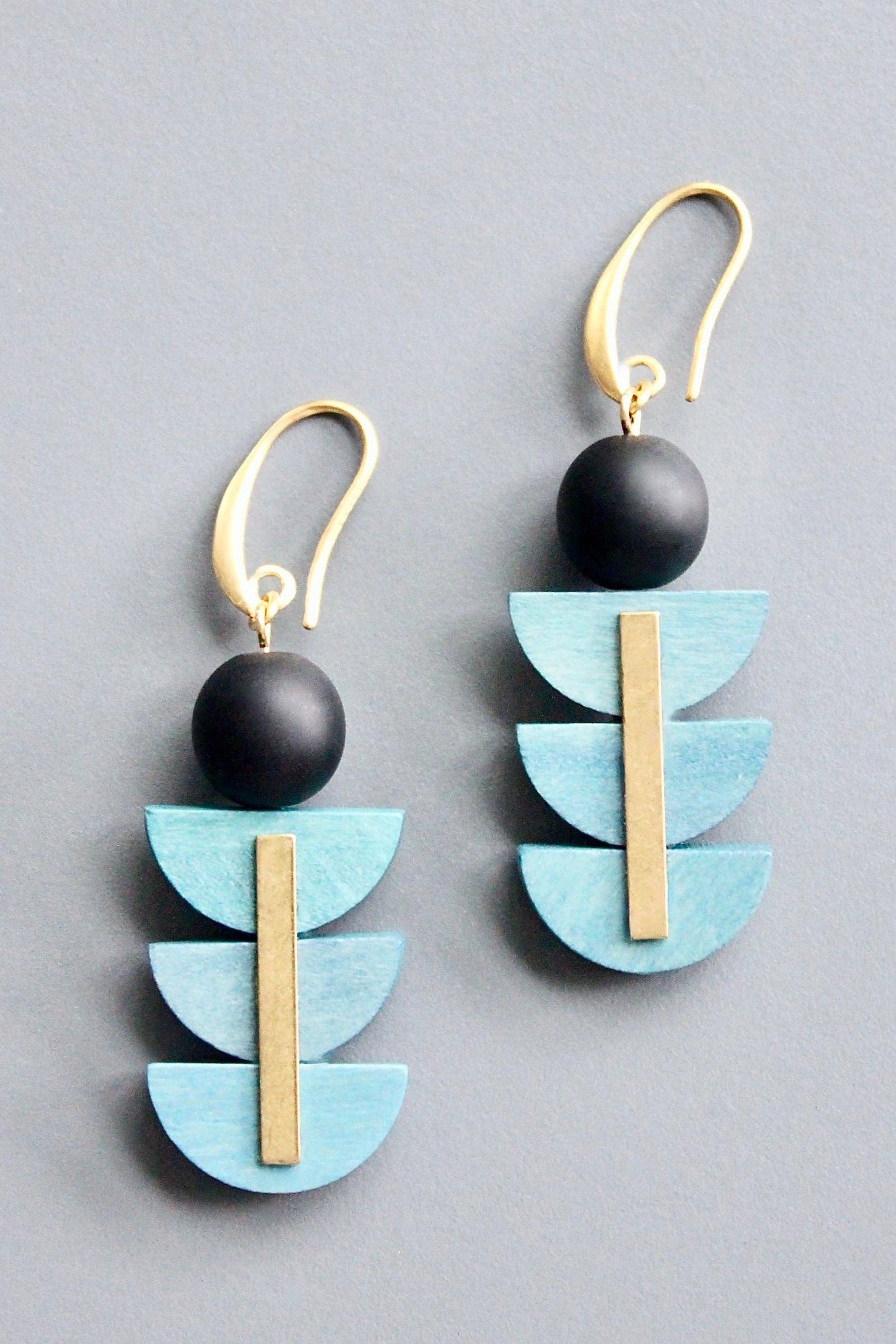 David Aubrey • Wood Painted Geometric Art Deco Earrings • Black Blue