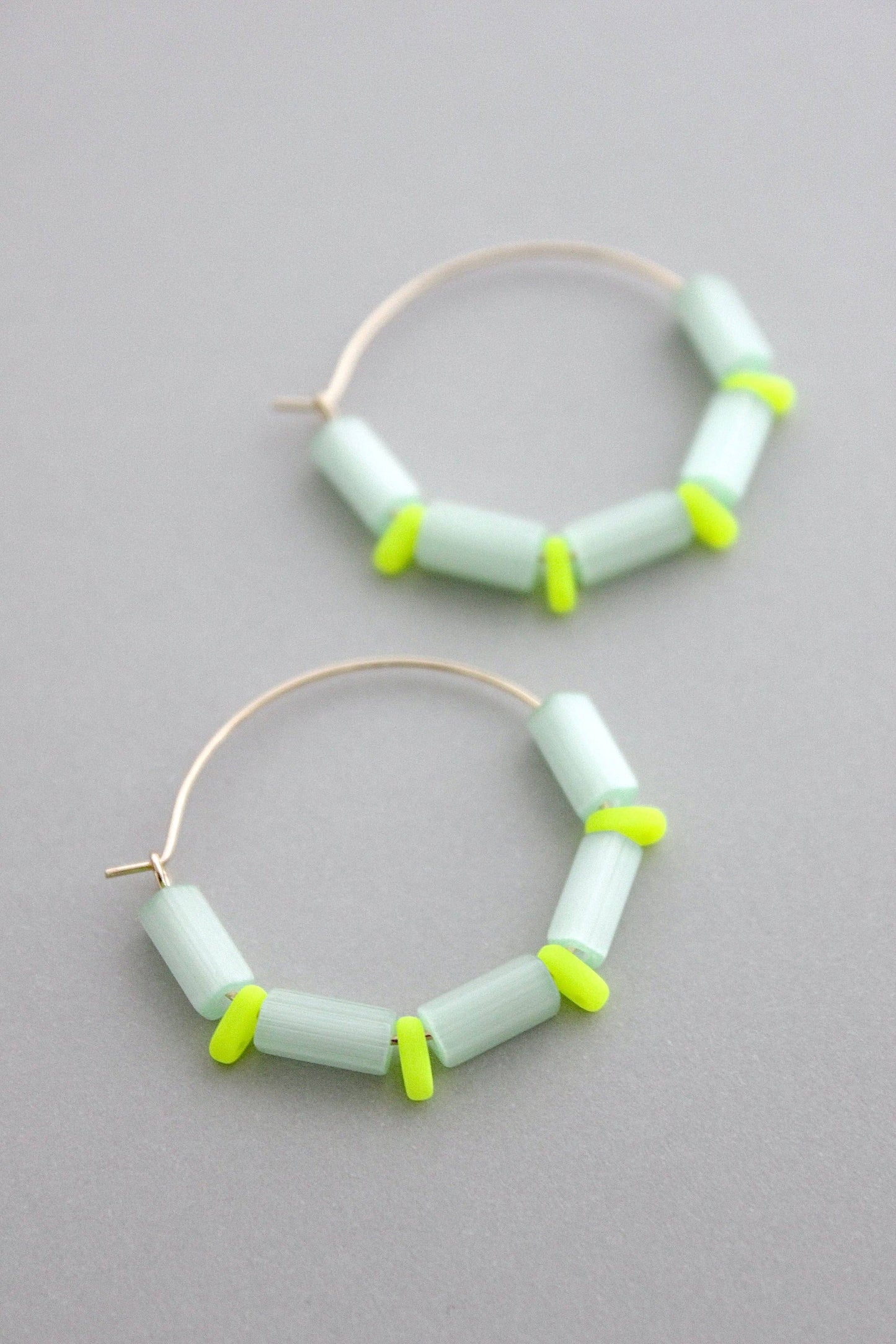 David Aubrey • Beaded Hoop Earrings • Mint Green Neon Yellow