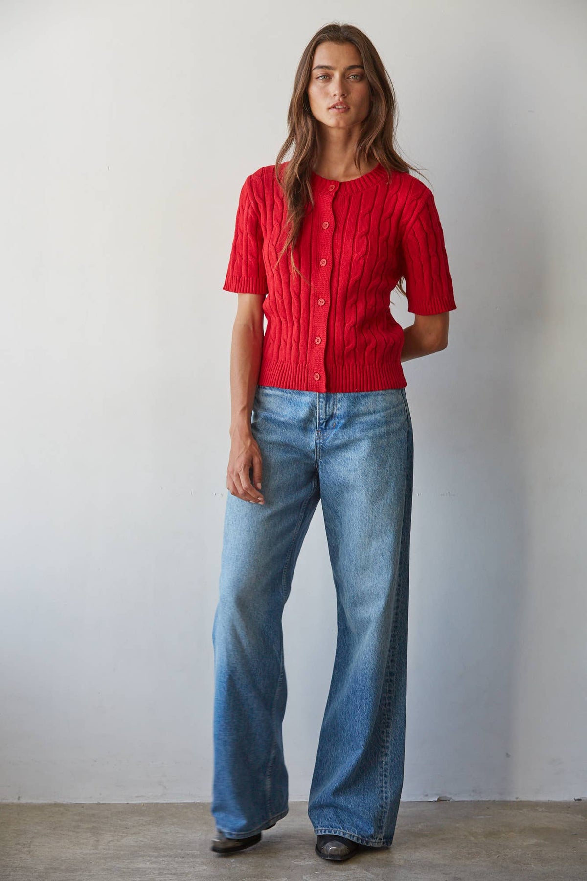 Short Sleeve Cotton Sweater Top • Ruby Red