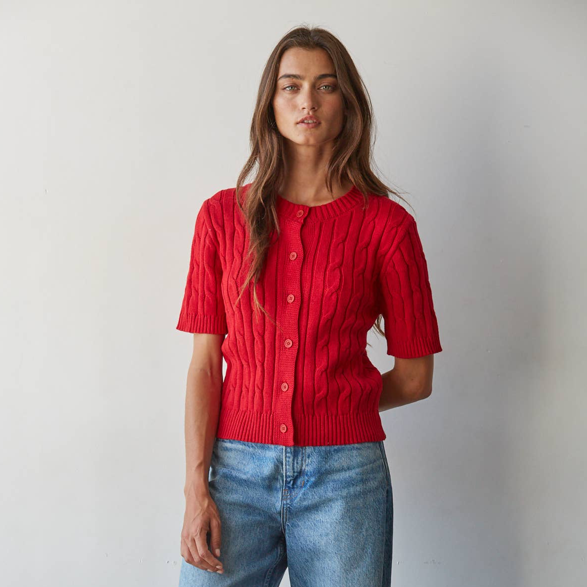Short Sleeve Cotton Sweater Top • Ruby Red