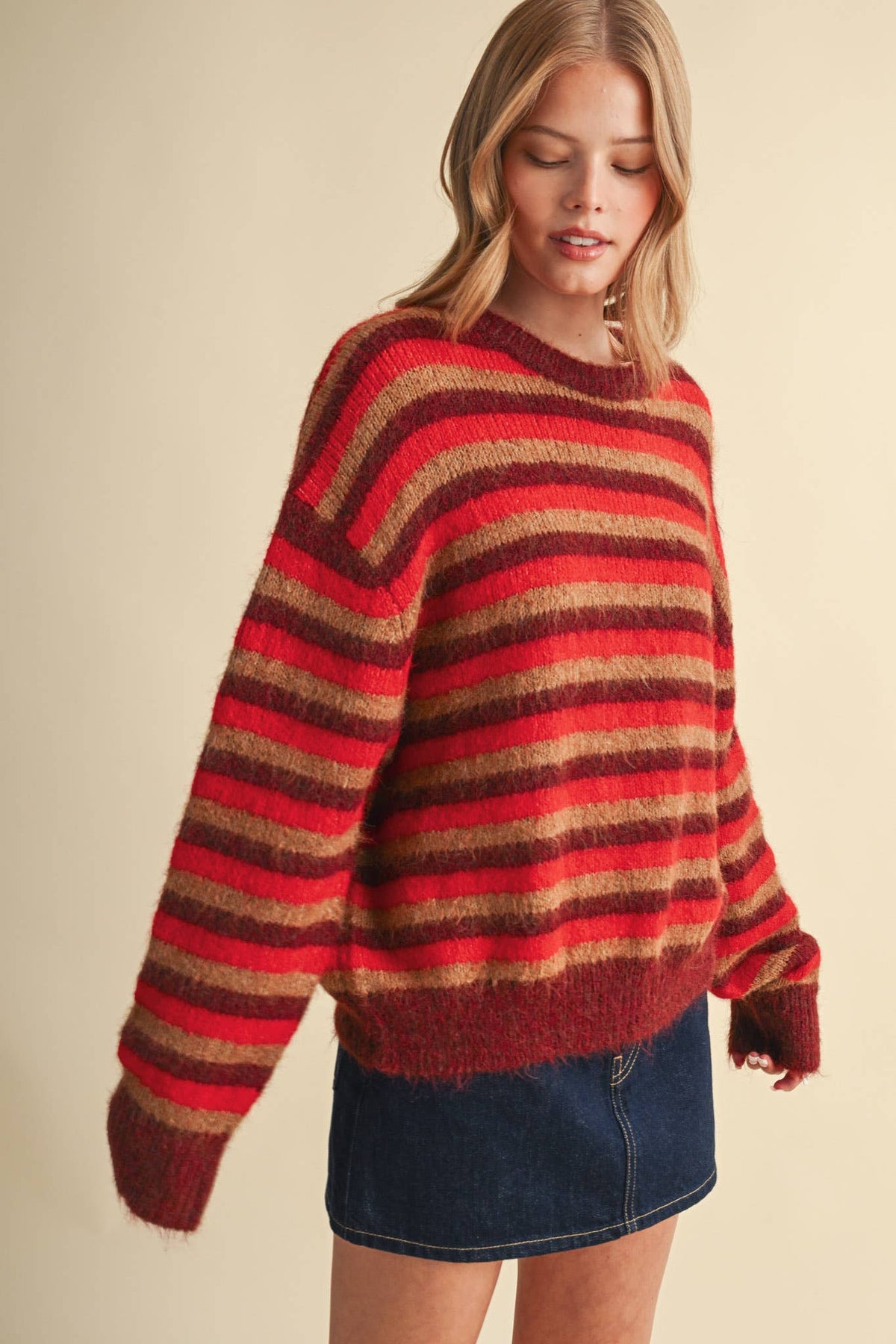 Striped Marled Sweater • Red Burgundy Tan