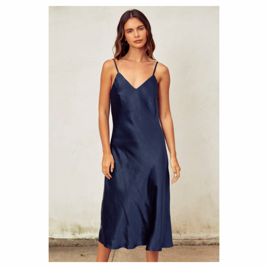 Satin Bias Cut Slip Dress • Midnight Blue