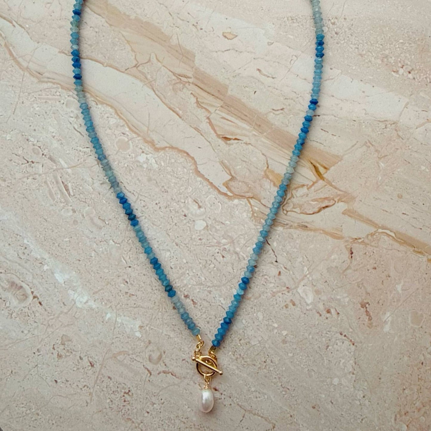 Crete Blue Aventurine Pearl Toggle Necklace • Gold Filled