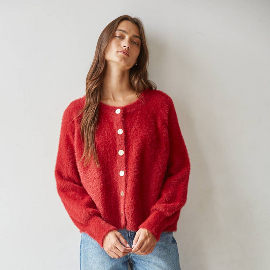 Fuzzy Relaxed Cardigan Sweater • Ruby Red