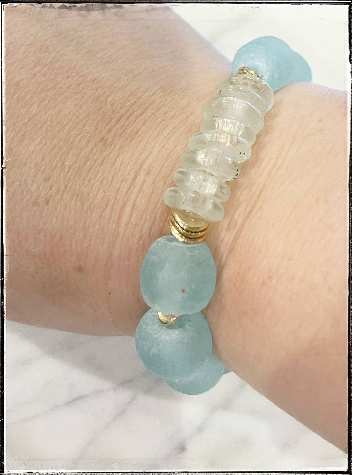 Recycled Glass Bead Stretch Bracelet- Baby Blue & Clear: 7.5”