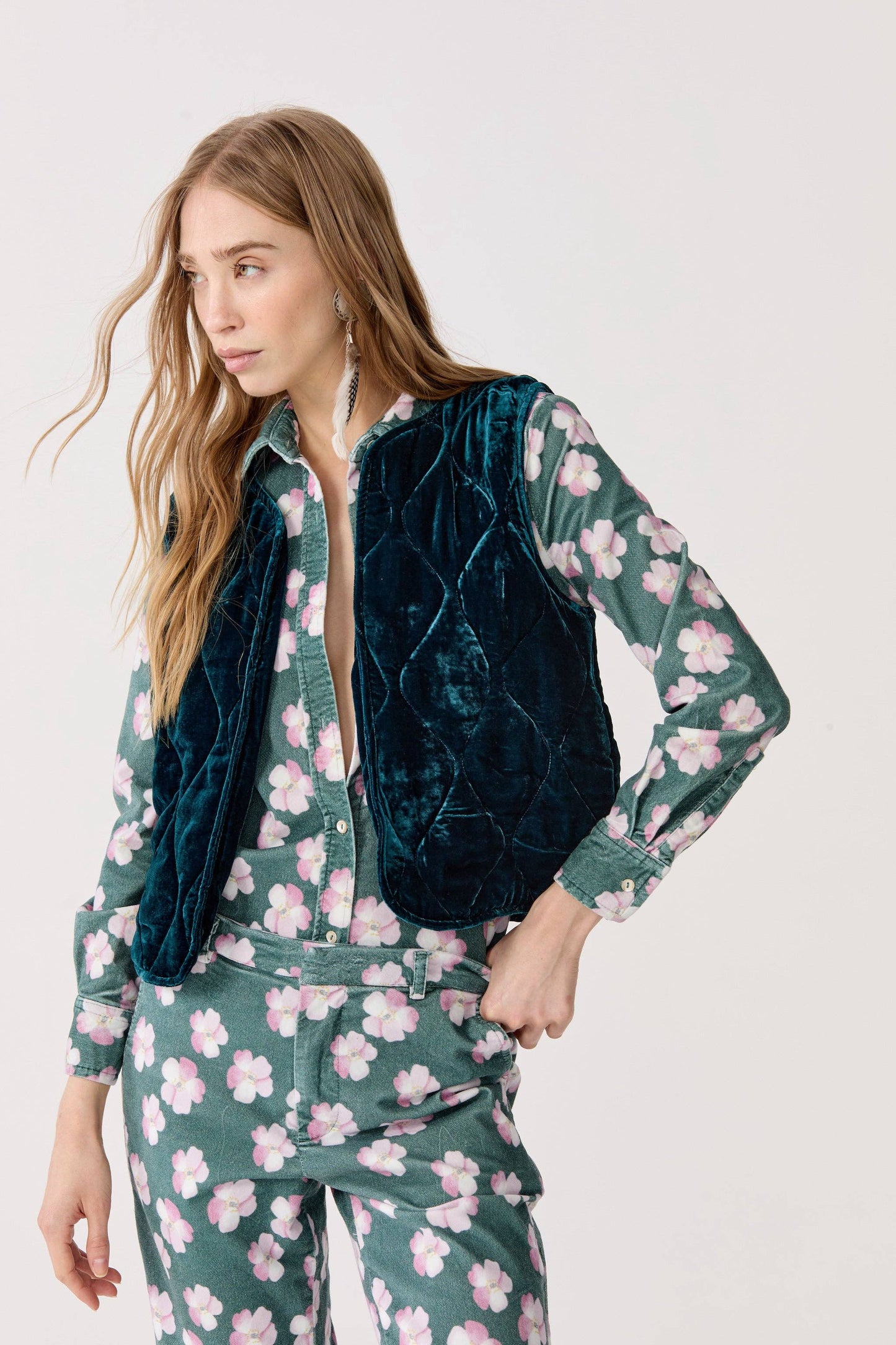 Lanhtropy • Waves Silk Velvet Quilted Vest • Teal