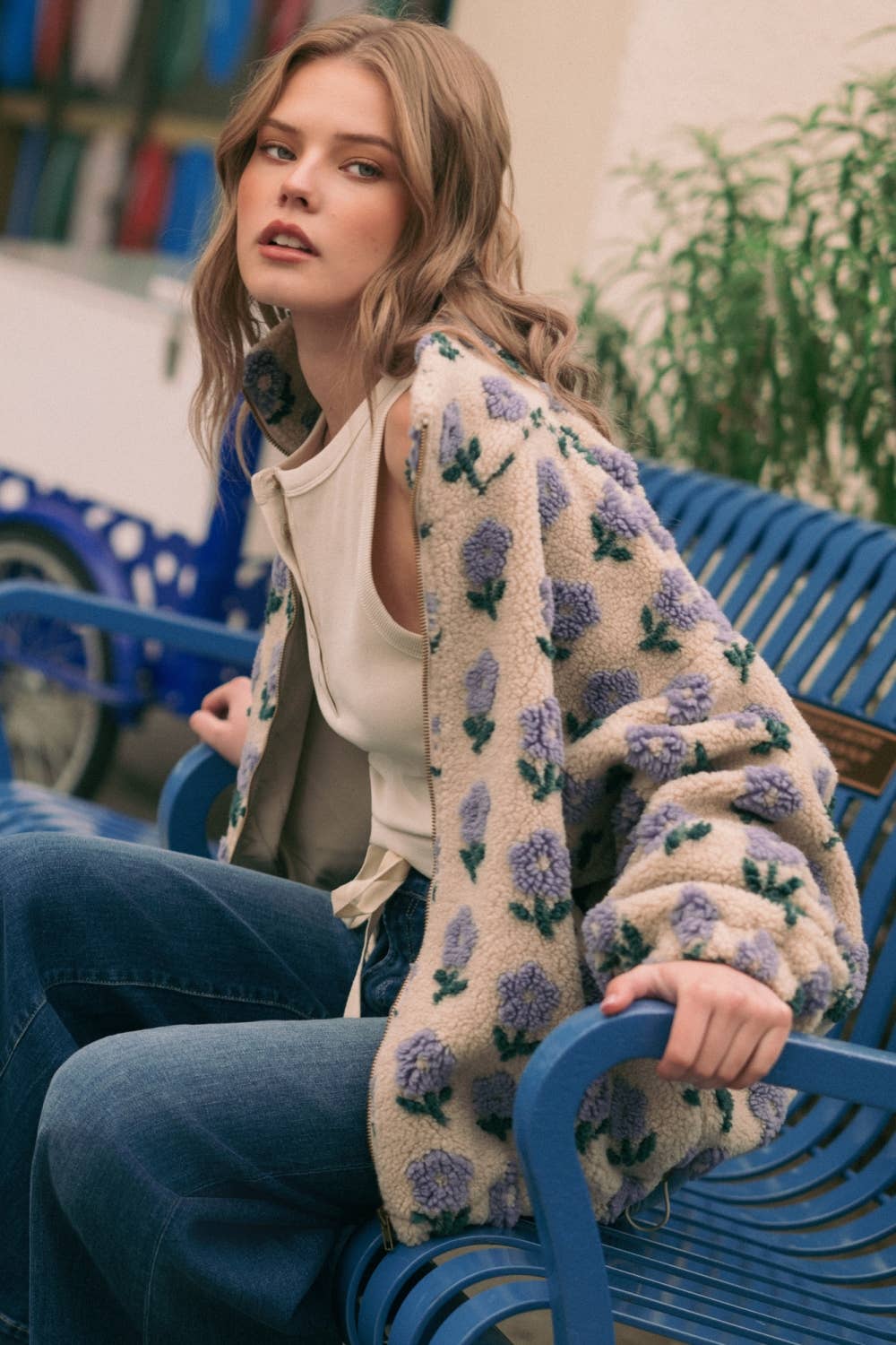 Flower Print Sherpa Jacket • Periwinkle & Ecru