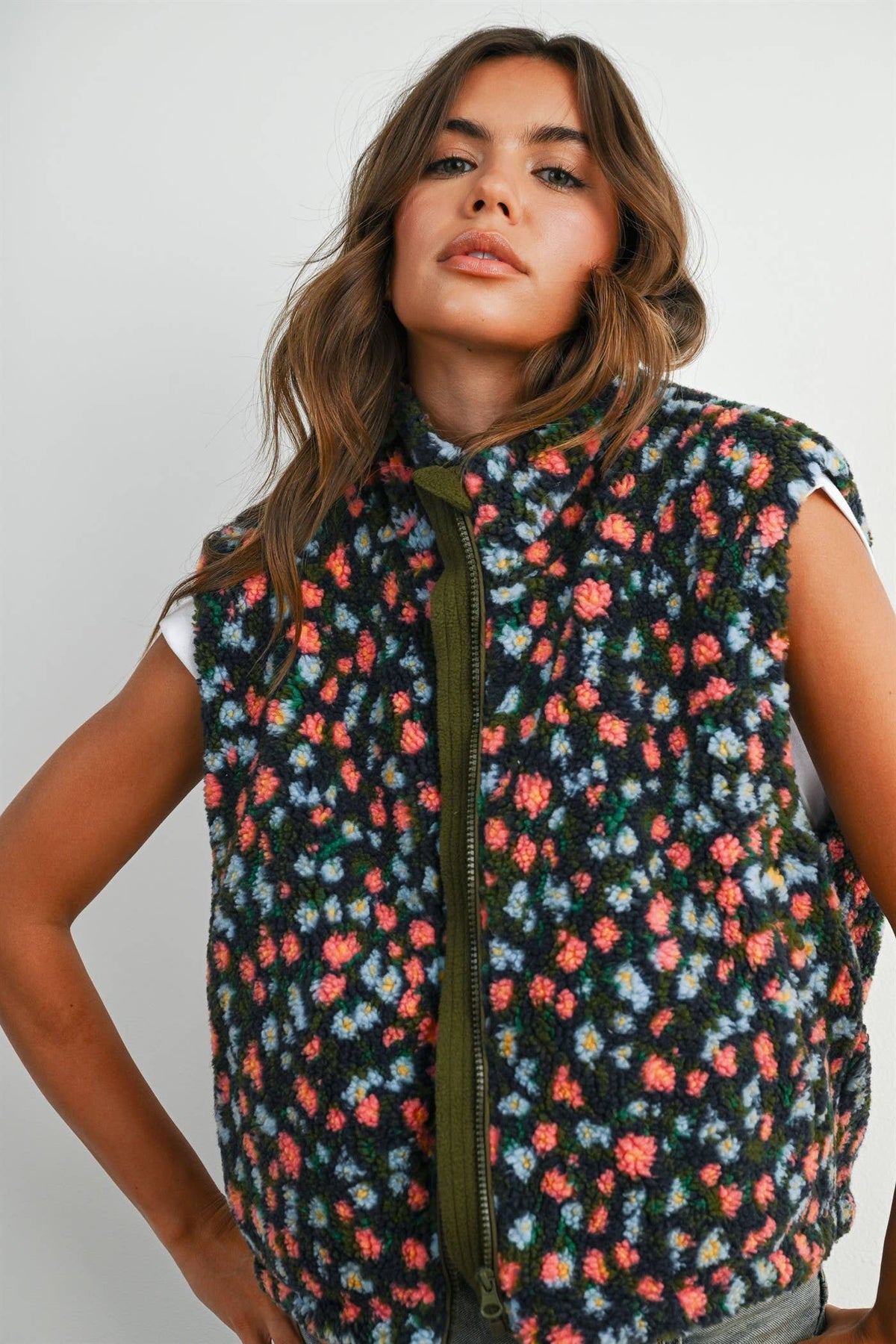 Ditsy Floral Sherpa Fleece Vest • Olive