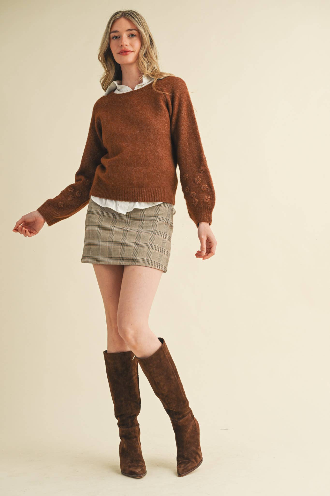 Floral Puff Sleeve Sweater Brown