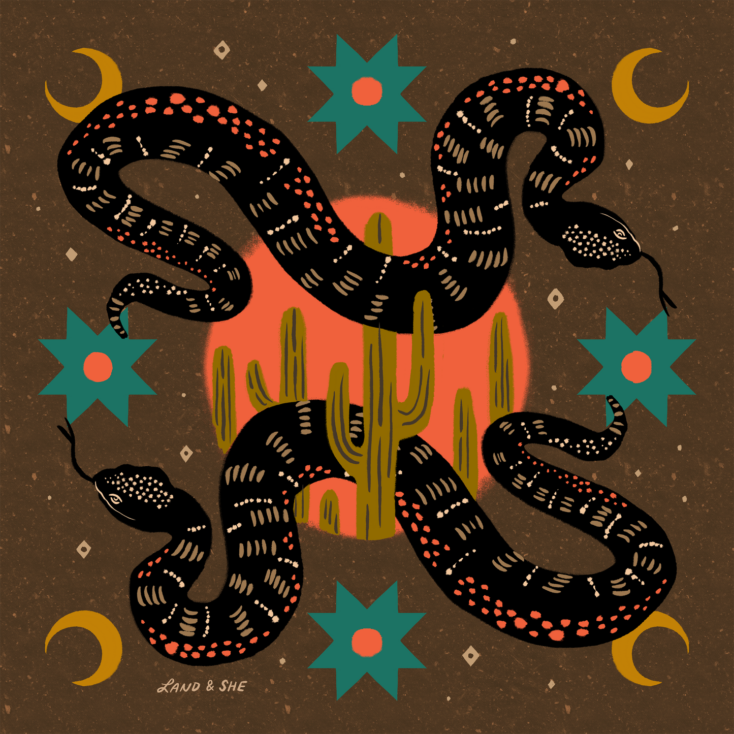 Land & She Twin Rattlesnakes Art Print 8x8