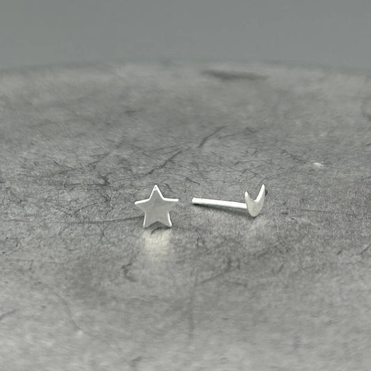 Tiny Star + Moon Stud Earrings • Sterling Silver