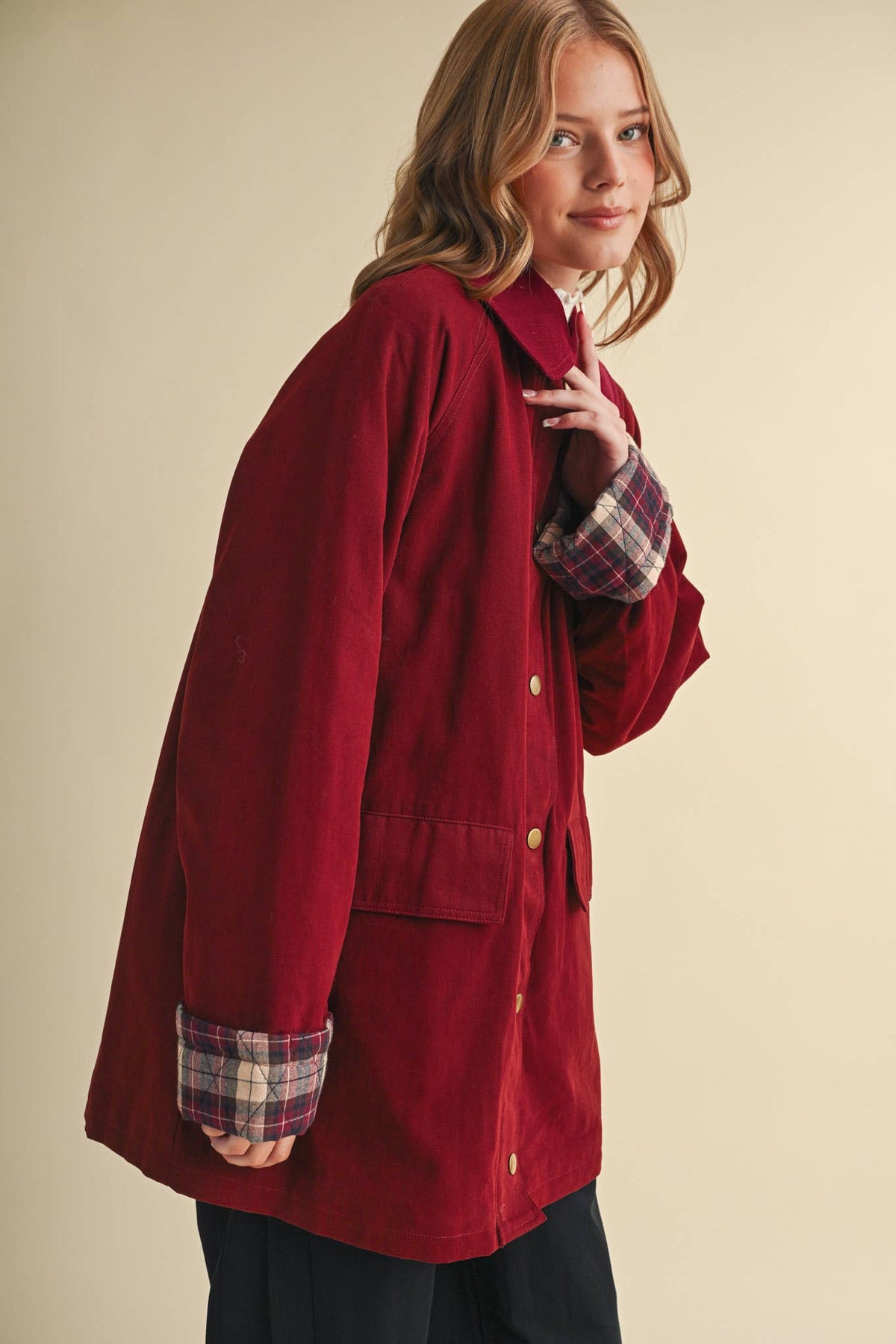 Cotton A-Line Jacket with Plaid Detail • Burgundy