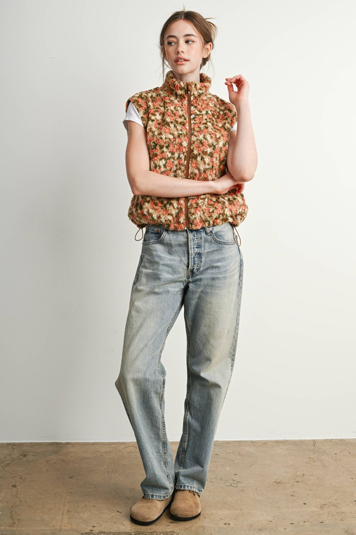 Ditsy Floral Sherpa Fleece Vest • Tan