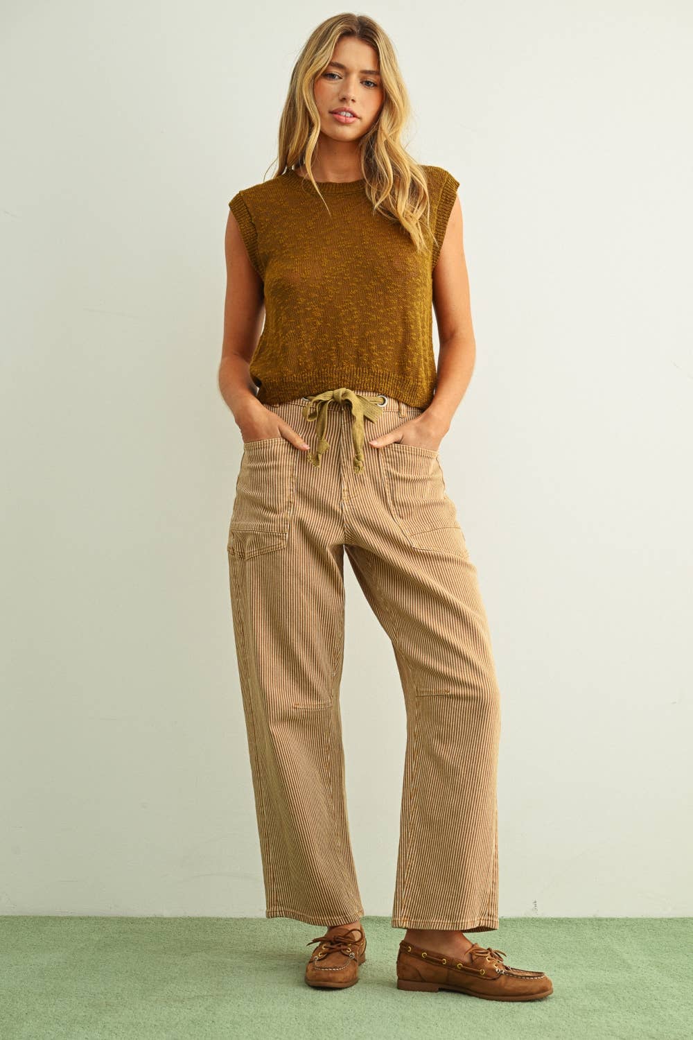 Mini Stripe Barrel Pants • Camel & Cream