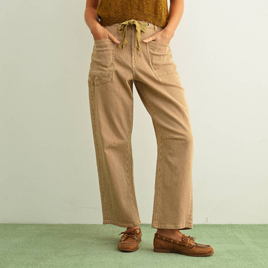 Mini Stripe Barrel Pants • Camel & Cream