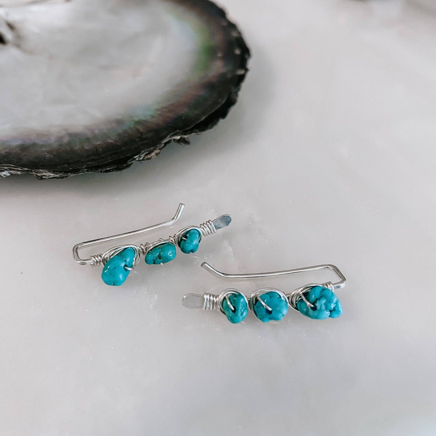 Kingman Turquoise Ear Climber Earrings • Sterling Sliver