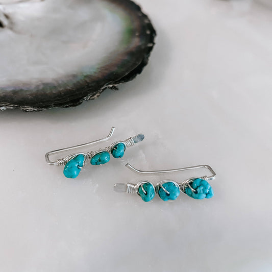 Kingman Turquoise Ear Climber Earrings • Sterling Sliver