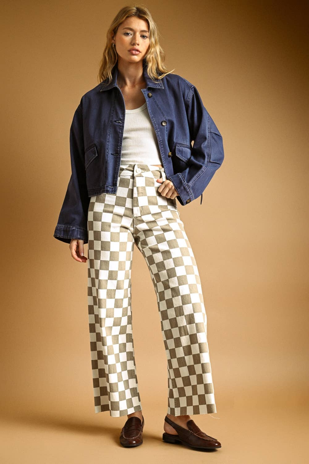 Wide Leg Checker Board Denim • Tan & White