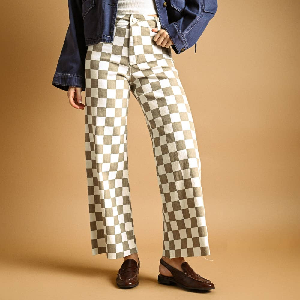 Wide Leg Checker Board Denim • Tan & White