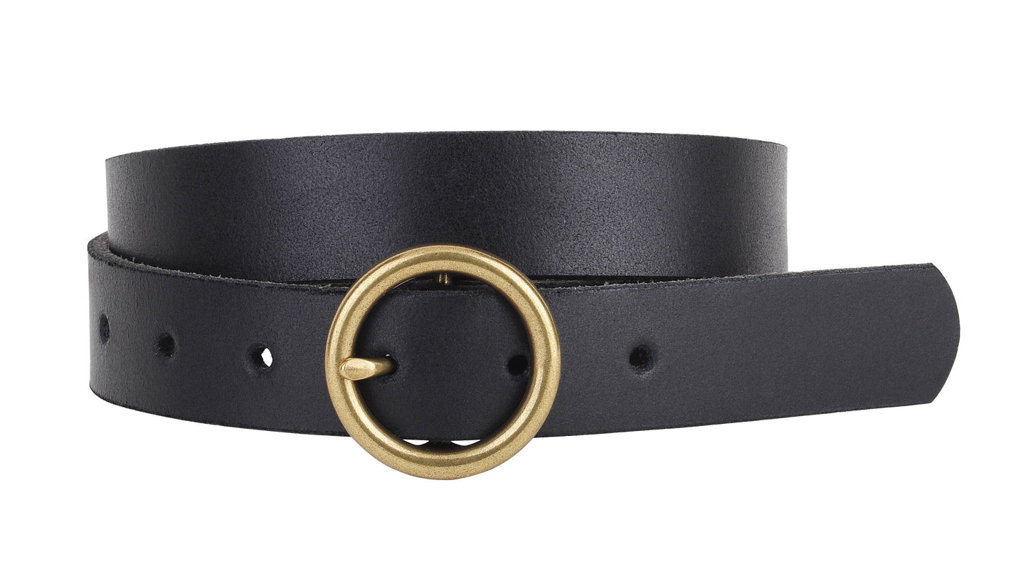 Brass-Toned Circle Buckle Leather Belt: Black