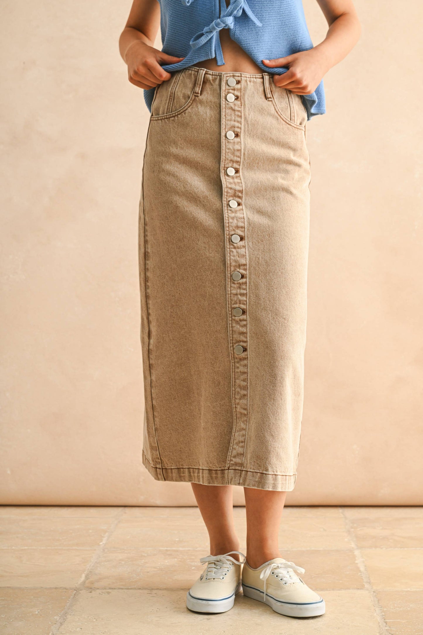Denim Button Down Skirt Tan Wash