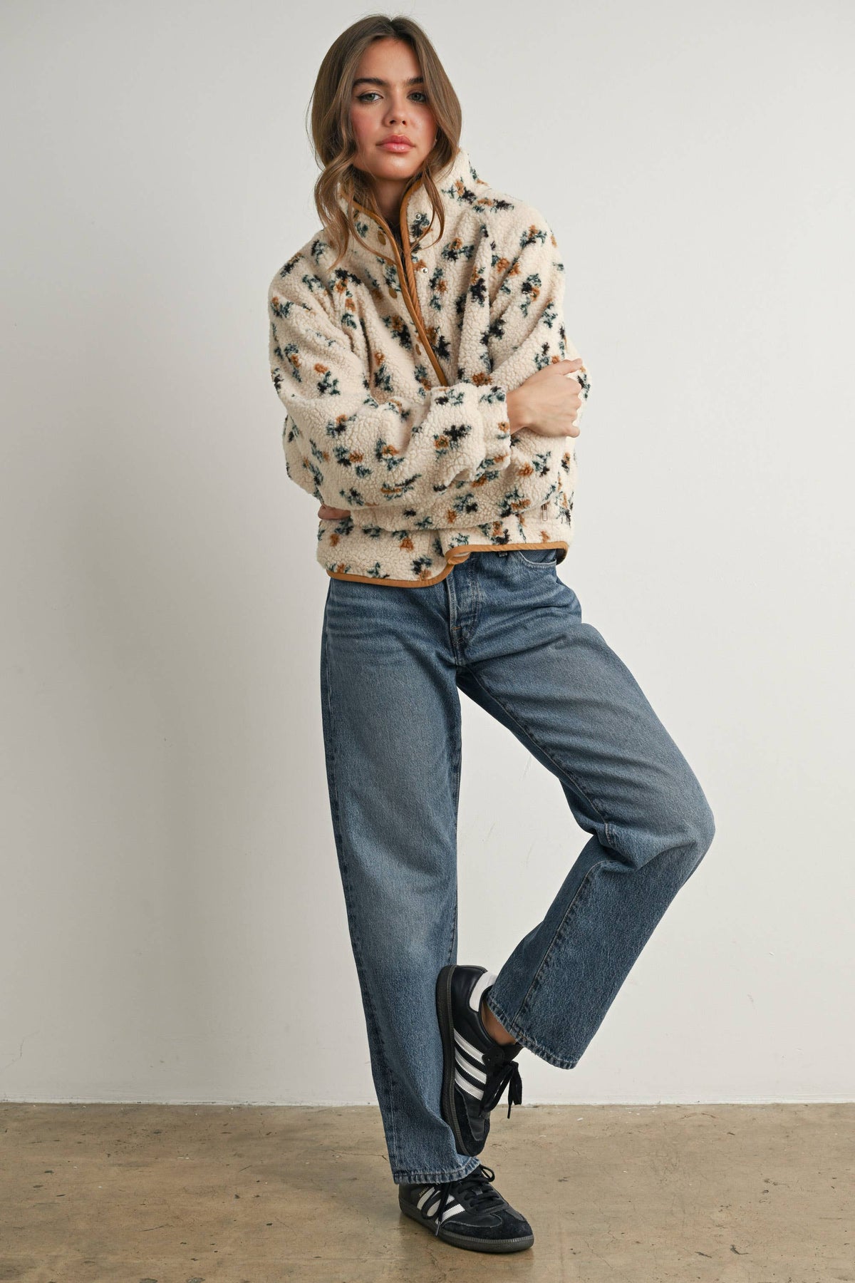 Floral Sherpa Fleece Jacket • Khaki & Cream