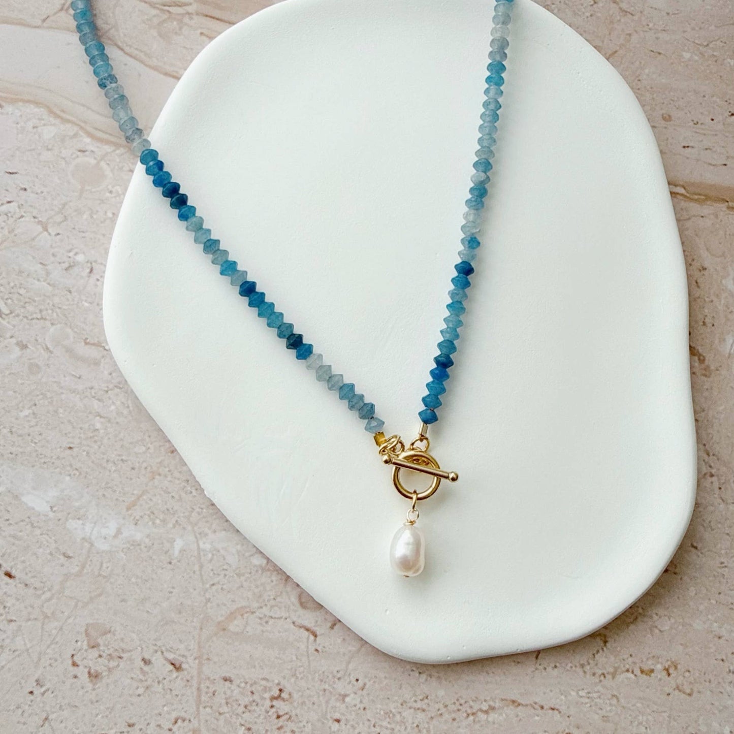 Crete Blue Aventurine Pearl Toggle Necklace • Gold Filled