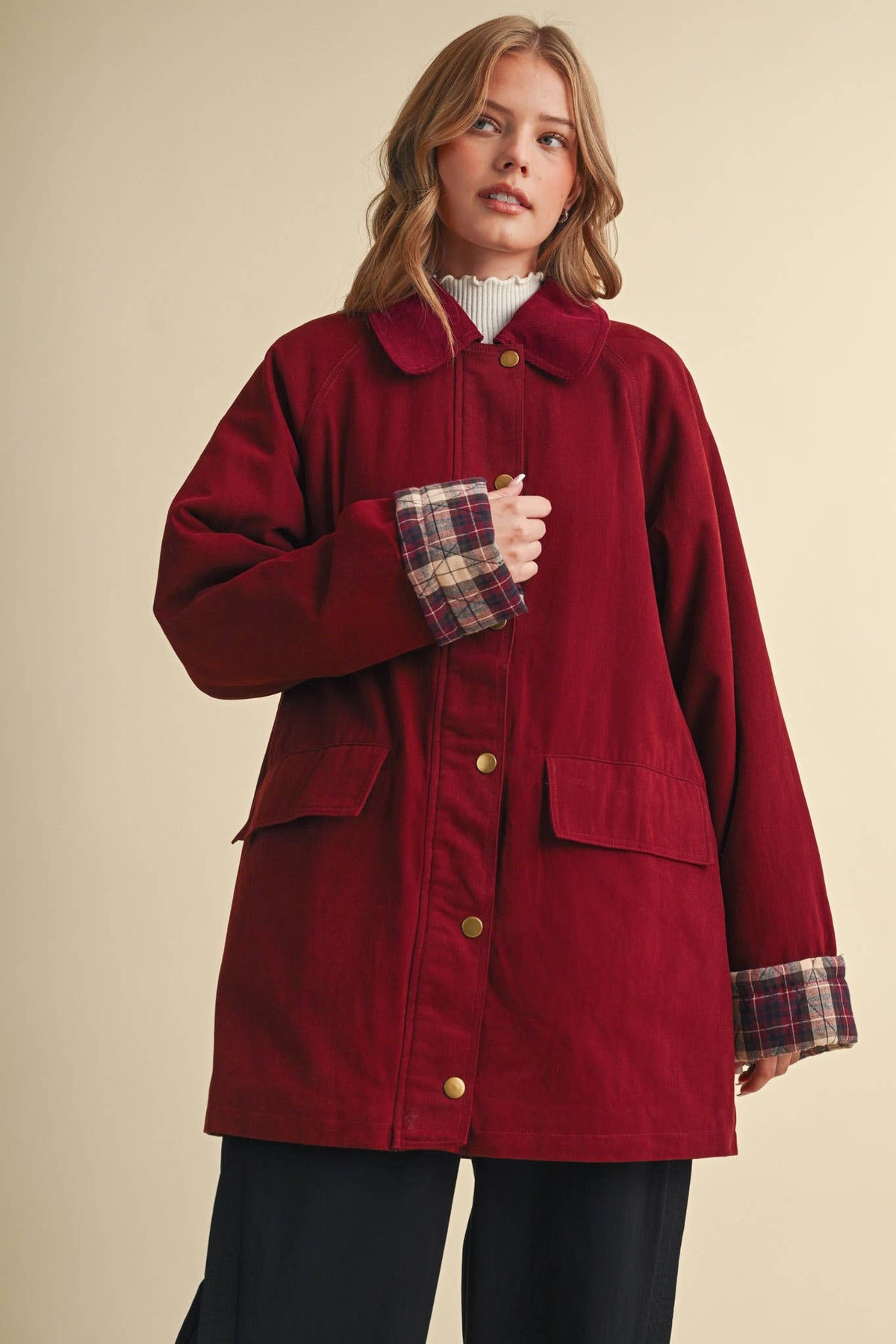Cotton A-Line Jacket with Plaid Detail • Burgundy