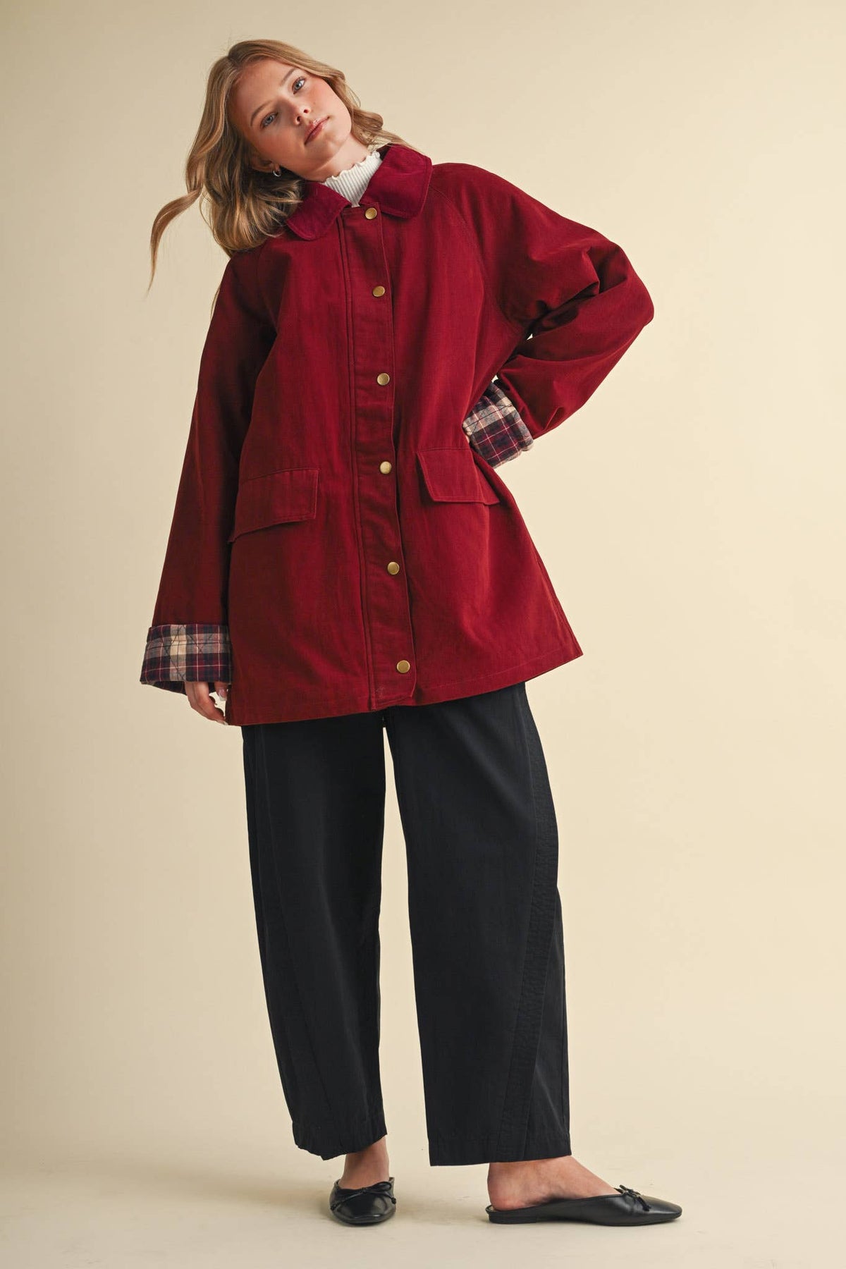 Cotton A-Line Jacket with Plaid Detail • Burgundy