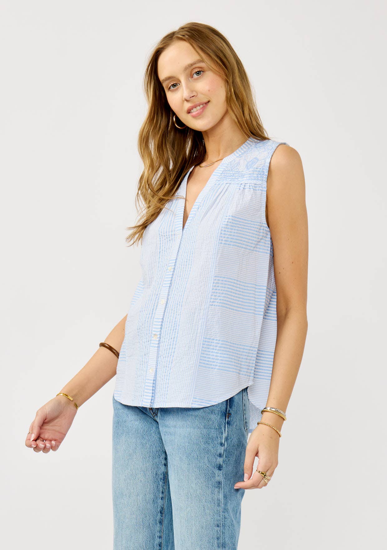 Striped Button-Down Embroidered Tank Light Blue & White
