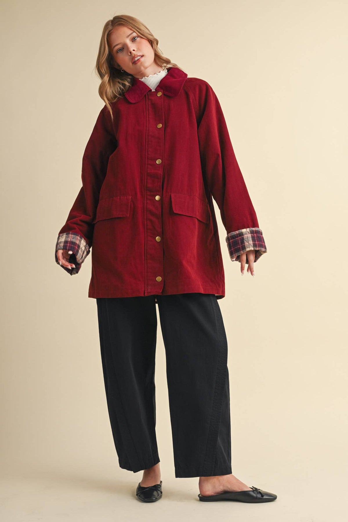 Cotton A-Line Jacket with Plaid Detail • Burgundy