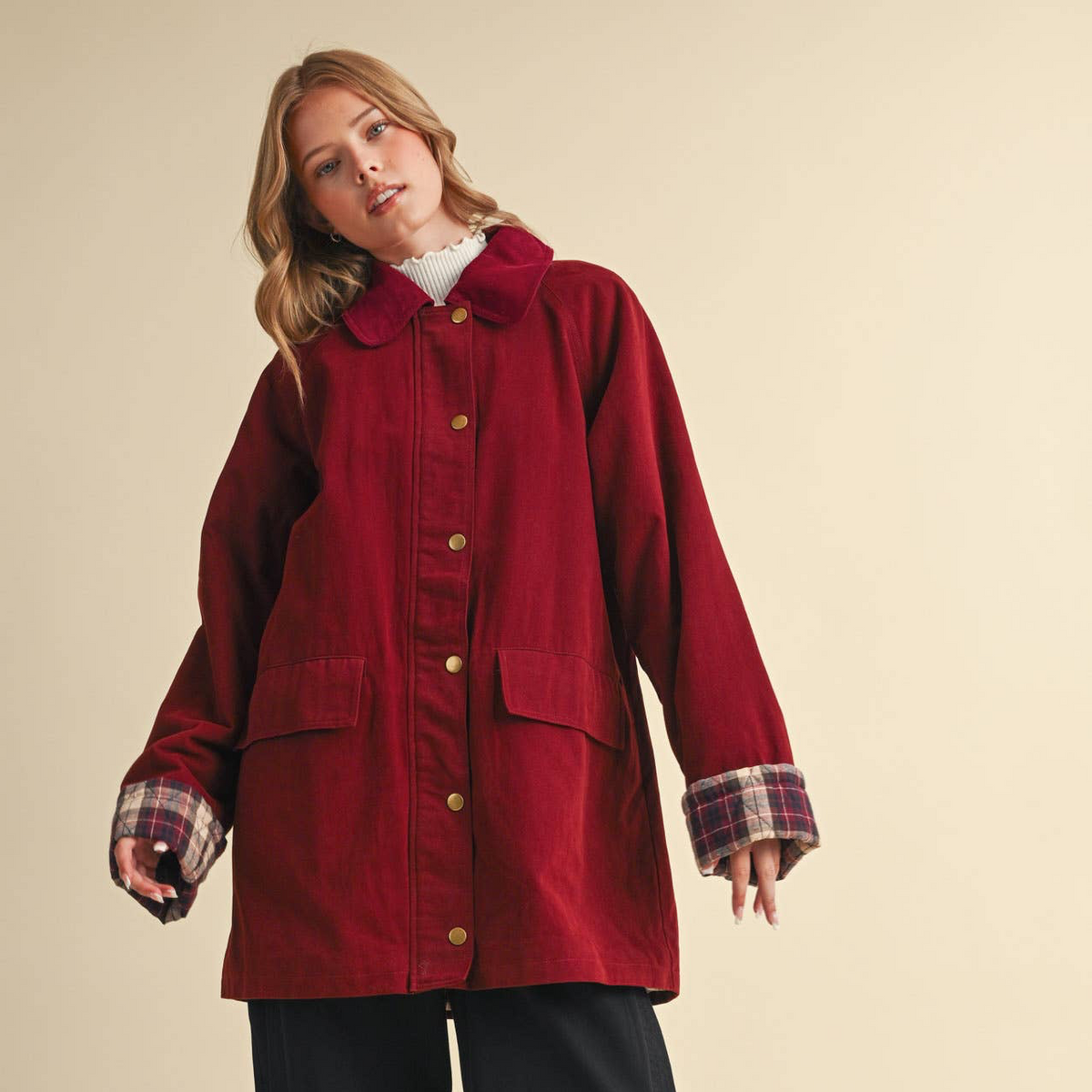 Cotton A-Line Jacket with Plaid Detail • Burgundy