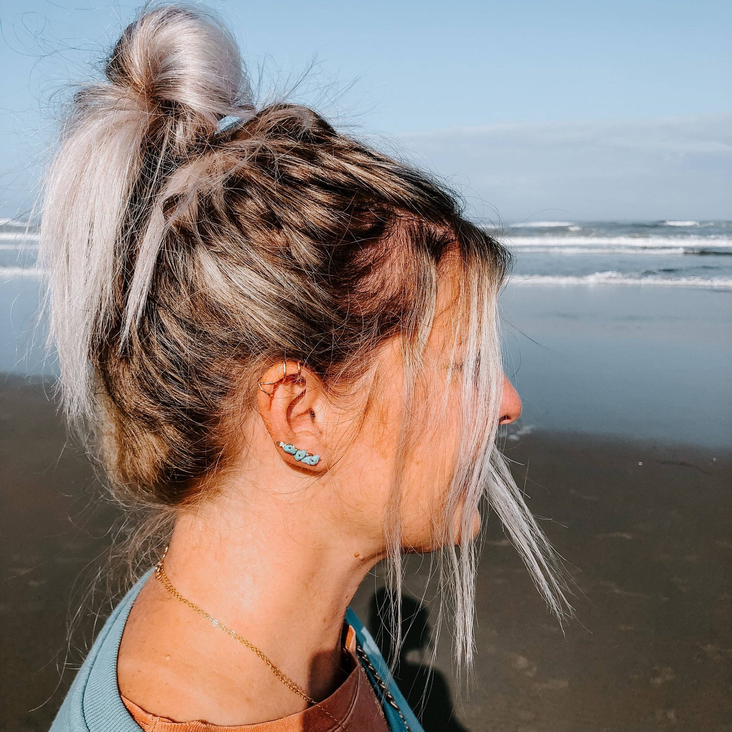 Kingman Turquoise Ear Climber Earrings • Sterling Sliver