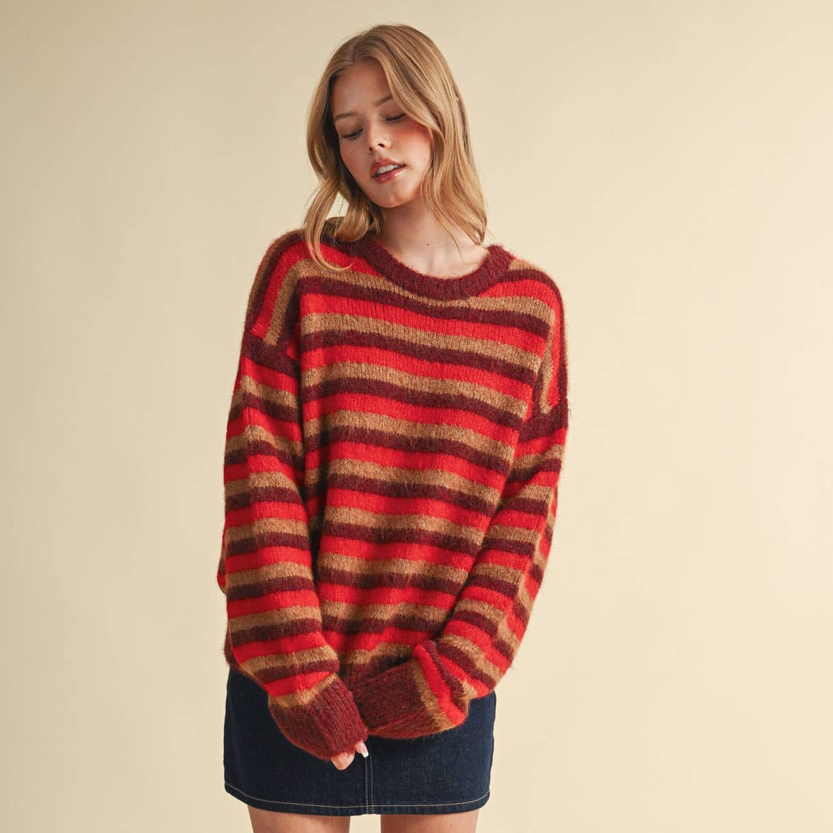 Striped Marled Sweater • Red Burgundy Tan