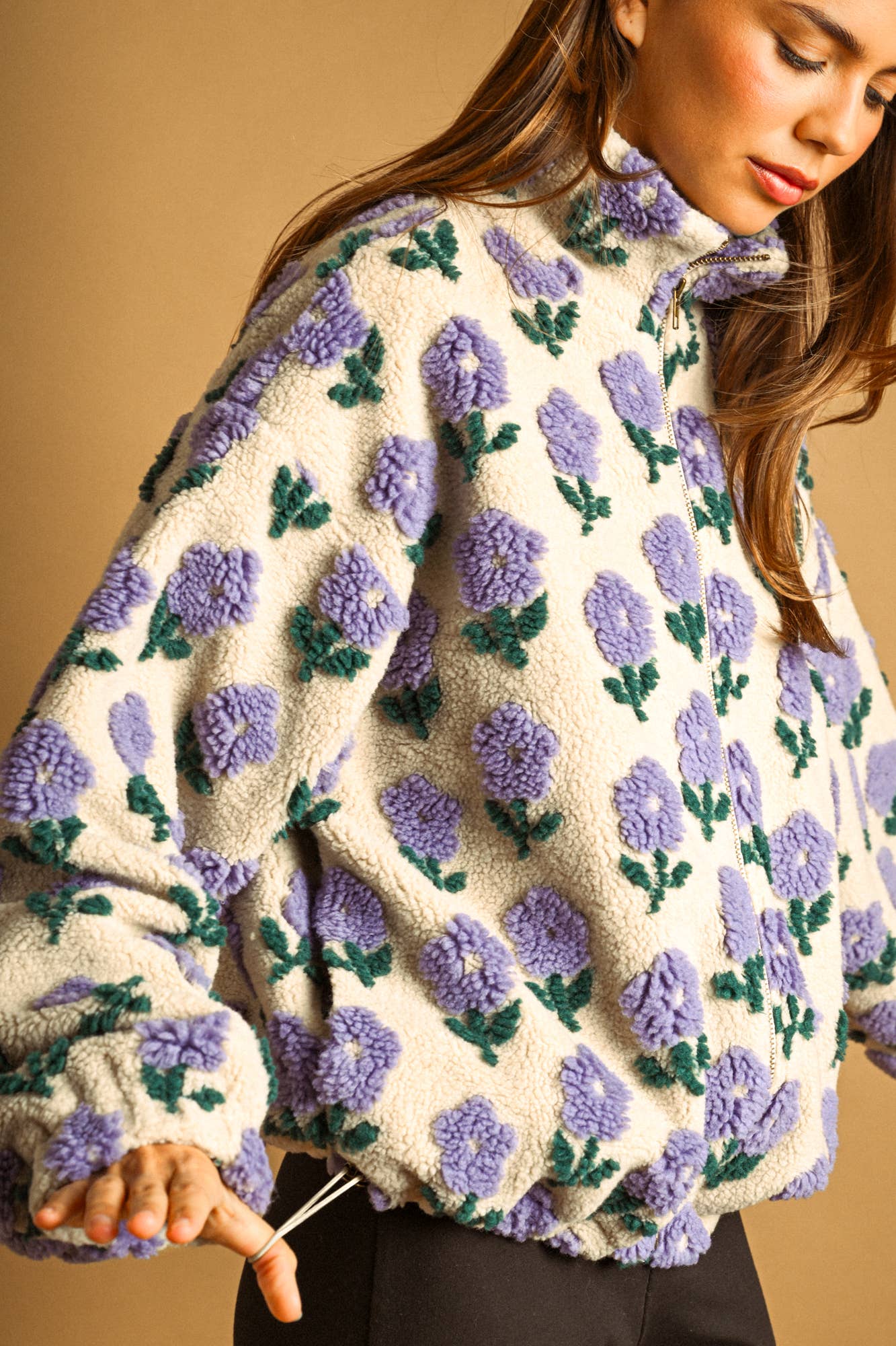 Flower Print Sherpa Jacket • Periwinkle & Ecru