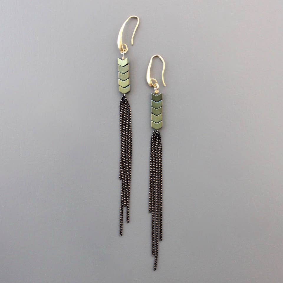 David Aubrey • Bead Chain Shoulder Duster Earrings • Green Hematite Brass