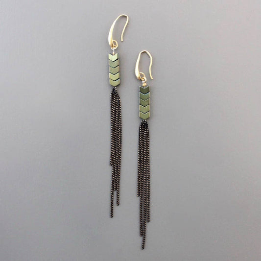 David Aubrey • Bead Chain Shoulder Duster Earrings • Green Hematite Brass