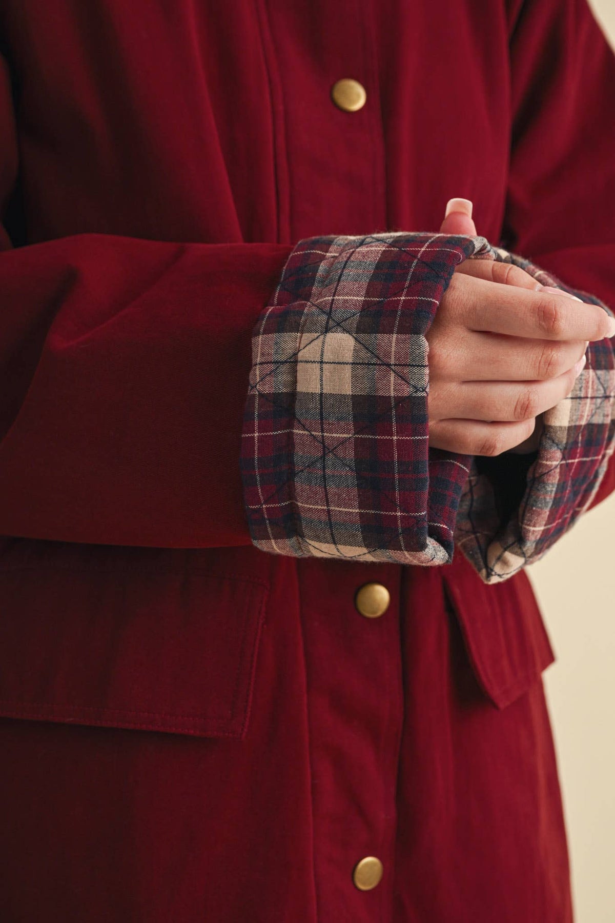 Cotton A-Line Jacket with Plaid Detail • Burgundy