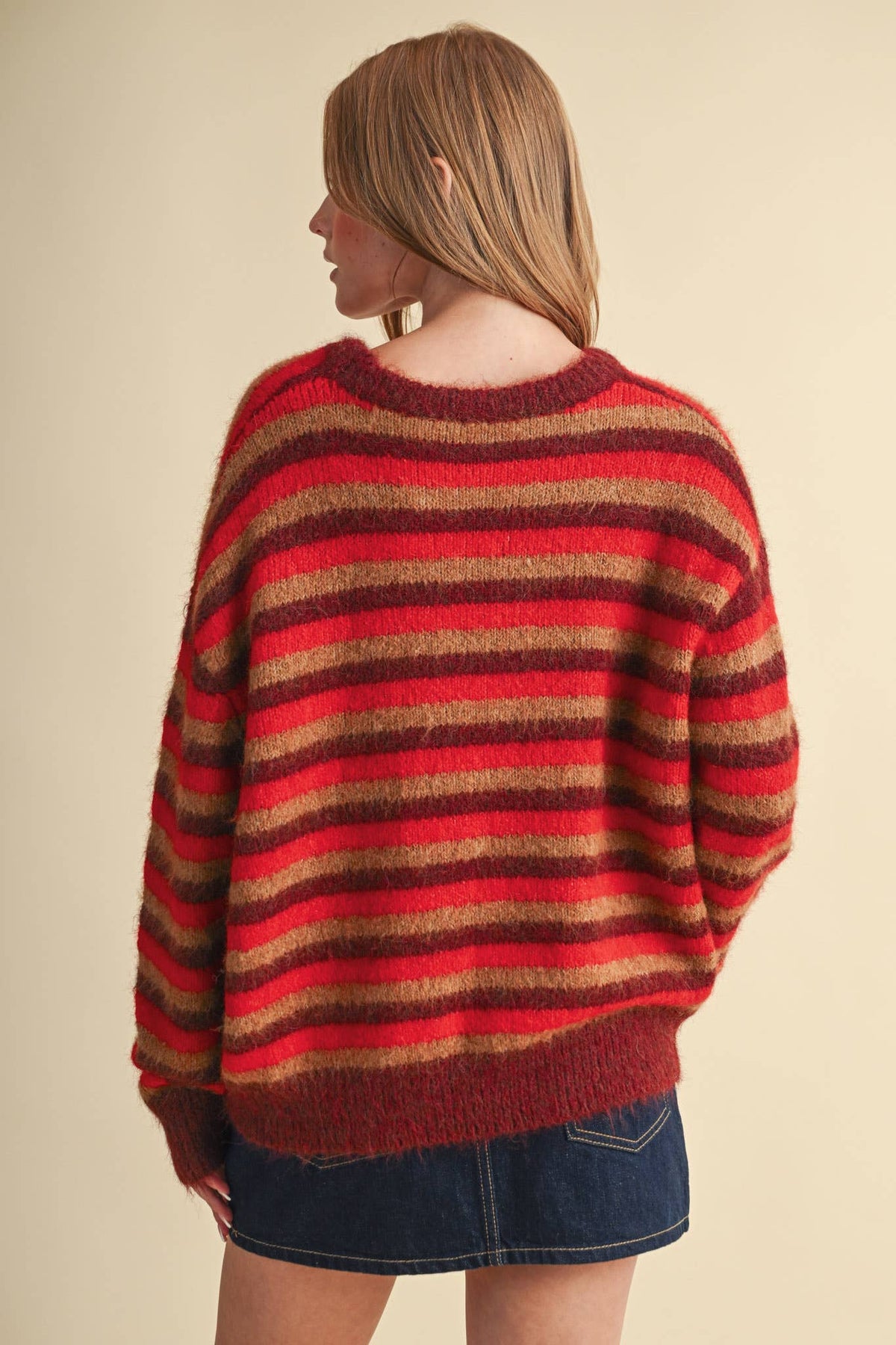Striped Marled Sweater • Red Burgundy Tan