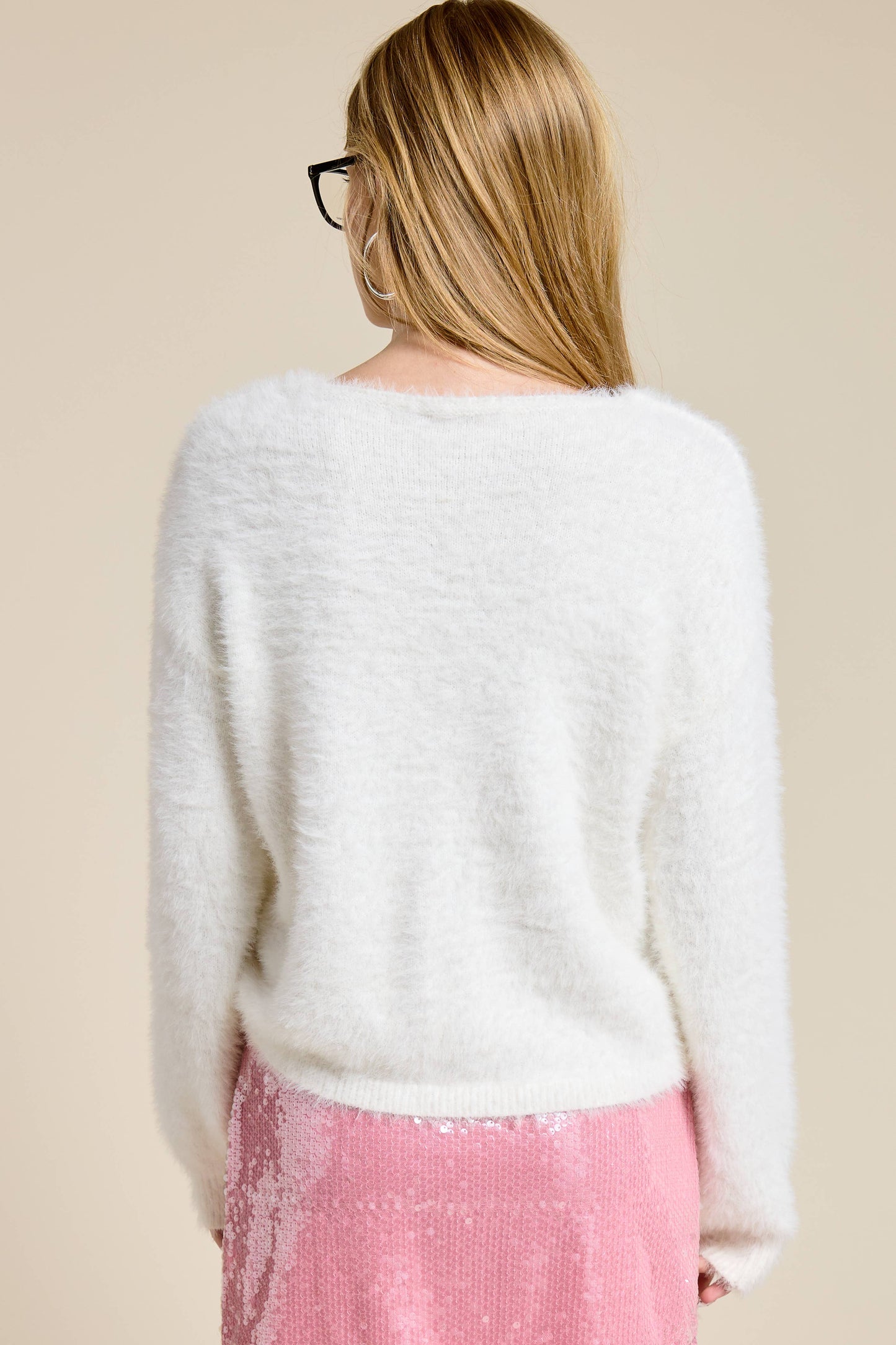 Fuzzy V Neck Pullover Sweater • Ivory