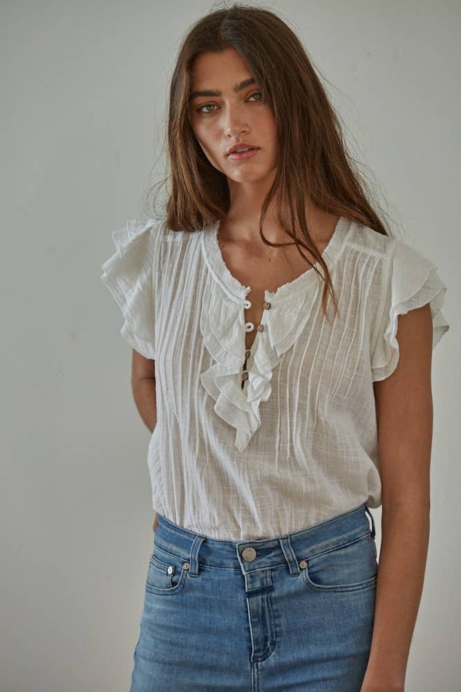 Ruffle Linen Blend Blouse Off White
