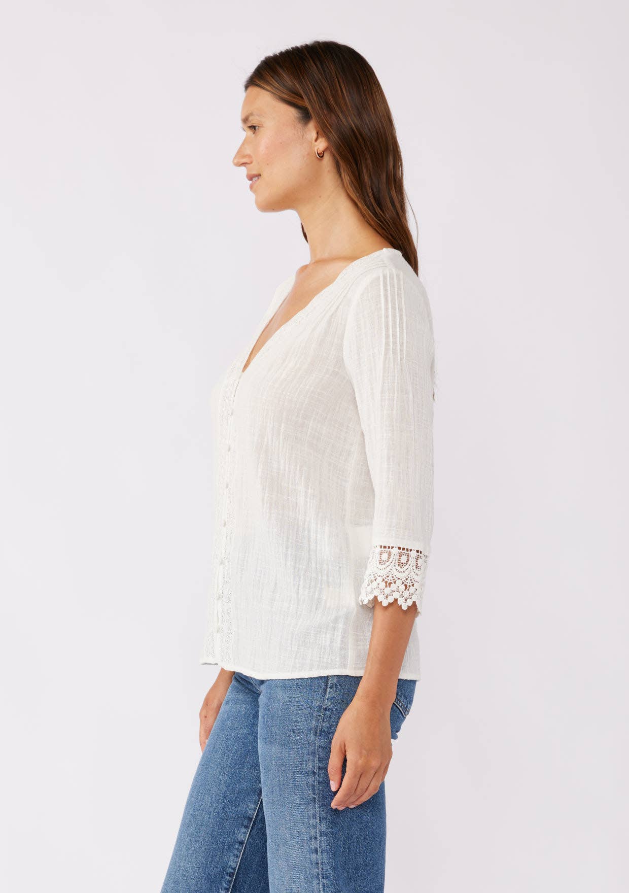 Lace Detail V-Neck Button Down Blouse • Vanilla
