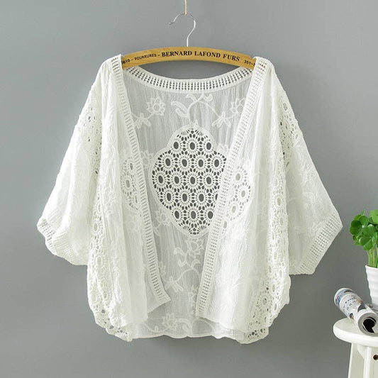 Lace Open Front Cardigan with Batwing Sleeves White
