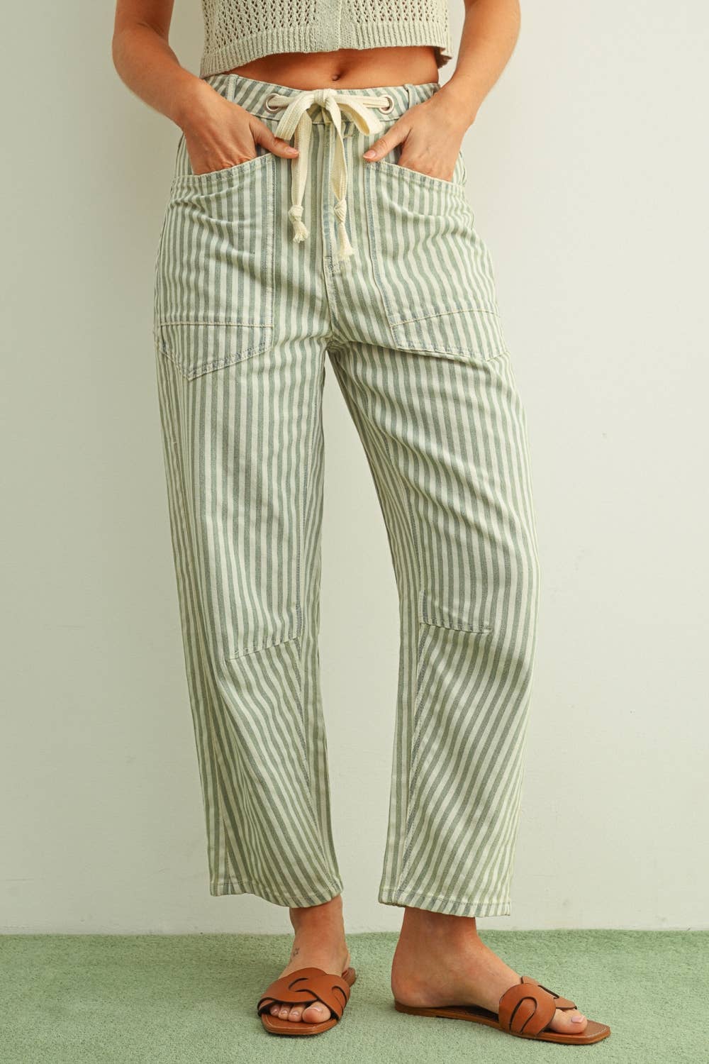 Stripe Barrel Pants • Light Blue & Cream