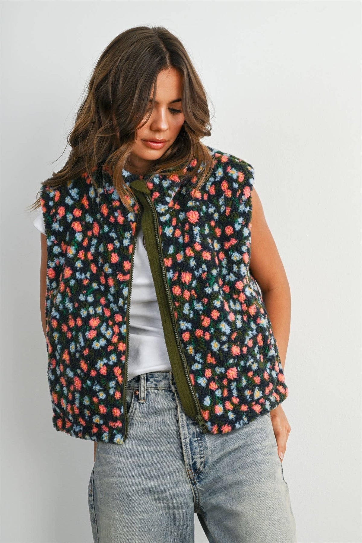 Ditsy Floral Sherpa Fleece Vest • Olive